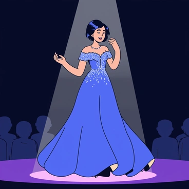 An opera singer is standing on a stage wearing a glamorous, flowing gown that shimmers in the light. The dress is a deep royal blue, with intricate silver beadwork that sparkles as she moves. Her hair is styled elegantly, and her face is expressive as she sings passionately. A solitary spotlight shines down on her, illuminating her figure against the dark background of the stage, creating a dramatic focus on her performance. The audience is faintly visible in shadows, captivated by the singer's powerful presence.