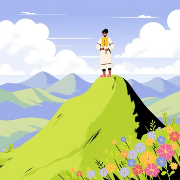 Maveli, a character with a bright smile and traditional attire, stands at the summit of a lush green mountain. The mountain is covered with vibrant foliage and colorful wildflowers scattered throughout. In the background, a vast blue sky stretches above, dotted with fluffy white clouds. Maveli looks out over a breathtaking panoramic view, where rolling hills and valleys can be seen in the distance, creating a picturesque landscape. Sunlight bathes the scene, enhancing the rich colors of nature surrounding Maveli.