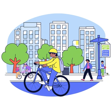 A person commuting to work on a bicycle in a bustling city. The cyclist is wearing a bright yellow helmet and a matching reflective vest. The bicycle is sleek and modern, with a blue frame and thin tires. Surrounding the cyclist are tall buildings with large windows reflecting the sunlight. There are other cyclists and pedestrians in the background, contributing to the lively atmosphere. Trees line the street, adding green color to the scene. A banner on a nearby lamppost reads "Promoting Clean Energy." The sky is clear and blue, indicating a sunny day.