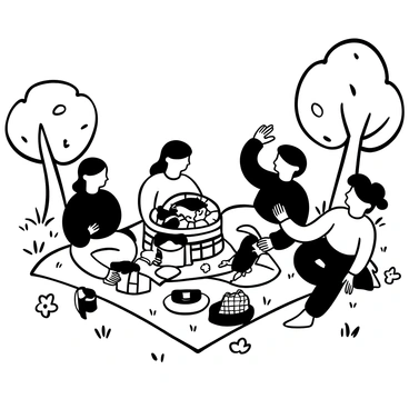 A cartoon family with various members sitting on a picnic blanket spread out on the grass in a park. The picnic basket is open, revealing colorful food items. A large pitcher of lemonade is placed next to the basket, with several glasses set out. Trees and flowers can be seen in the background, adding to the park atmosphere. The family members are engaged in different activities; some are playing games while others are serving food.
