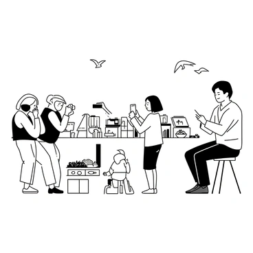 An artist is seated on a wooden stool, sketching the scene at Fisherman's Wharf. The artist has a focused expression, with a pencil in hand, capturing details of the vibrant atmosphere. In front of them, a variety of people are interacting; a tourist with a camera is taking a photo, while a street performer, dressed in a colorful costume, is entertaining a small group of onlookers. Nearby, a vendor is selling fresh seafood, with a display of crabs and fish visible. The background features boats docked at the pier, with seagulls flying overhead.