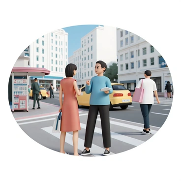 A journalist, wearing a blue shirt, black trousers, and holding a notepad, is standing on a busy street. She is interviewing a woman, who is wearing a red dress and has short black hair. The journalist has a pen in hand, jotting down notes as the woman speaks. In the background, there are people walking, some carrying shopping bags, and cars passing by. A street vendor selling newspapers is situated to the left, and a tall building is visible in the background, adding to the urban atmosphere.