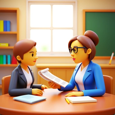 A classroom setting featuring a teacher and a student engaged in a discussion. The teacher is a middle-aged woman with glasses, wearing a professional outfit, and holding a historical document in her hand. The student is a teenage boy with short brown hair, sitting at a desk with notebooks and a pencil. They are both looking at the document intently. Around them, the classroom is equipped with a chalkboard and shelves filled with books. Sunlight streams in through a window, illuminating the scene.