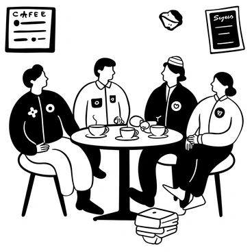 A group of veterans sitting around a small, round table at a local café. Several steaming cups of coffee are placed on the table, with one cup slightly tilted as if freshly poured. The veterans are wearing military jackets adorned with various patches and insignia. One veteran is gesturing animatedly while another is leaning in, listening intently. There are stacks of newspapers and a half-eaten pastry on the table, adding to the café atmosphere. The background shows a chalkboard menu with handwritten specials.