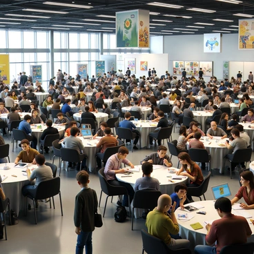 A large conference hall filled with people engaged in conversation. Groups of artists are gathered at various tables, exchanging ideas and showcasing their work. Some artists are displaying colorful sketches and digital art on their tablets. Others hold sketchbooks and pencils, actively drawing and brainstorming together. There are banners hanging from the ceiling featuring illustrations and artwork. The atmosphere is lively, with a mix of laughter and animated discussions filling the air. Several attendees are moving around, seeking inspiration and connecting with fellow creators.