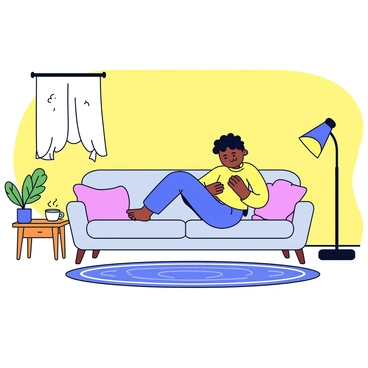 A cozy living room with warm yellow walls and a plush, light gray sofa. A person is sitting cross-legged on the sofa, gently massaging one foot with their hands. The sofa is adorned with fluffy cushions in pastel colors. A soft, patterned rug is placed on the wooden floor. A small side table next to the sofa holds a steaming cup of herbal tea and a potted plant. The atmosphere is inviting, with a warm glow from a nearby floor lamp.