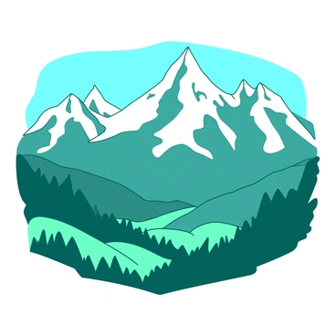 A teal mountain range featuring tall snow-capped peaks that rise majestically against the sky. Below the mountains, there are rolling valleys filled with vibrant green foliage. The sun casts soft shadows across the landscape, highlighting the contours of the mountains and the undulating terrain of the valleys. A clear blue sky stretches overhead, creating a vivid contrast with the white of the snow and the rich green of the valleys.