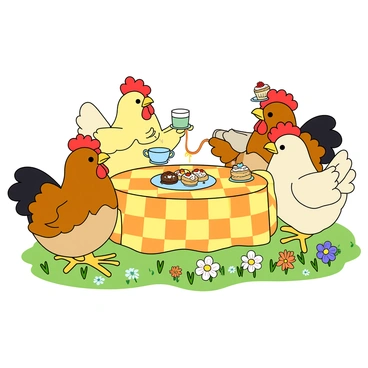 Chickens enjoying a whimsical tea party with tiny teacups