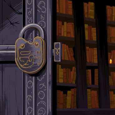 A heavy iron lock with intricate engravings is fastened firmly to a large, weathered wooden door. The door has a dark, rich hue and shows signs of age with deep grooves and cracks in the surface. Surrounding the lock, the door frame is adorned with faded carvings of mythical creatures, partially obscured by layers of dust. Behind the door, faint shadows hint at towering bookshelves filled with ancient tomes, barely illuminated by a flickering candlelight. The atmosphere is thick with an air of secrecy, inviting curiosity about the hidden treasures within the library.