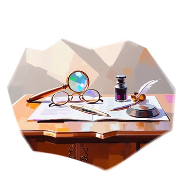 An antique wooden desk is elegantly arranged with various law tools. In the center, a large, ornate magnifying glass with a brass handle rests beside a pair of antique spectacles with round lenses. A classic quill with a dark ink bottle sits nearby, its feather elegantly curved. The desk surface displays intricate carvings and a warm patina, suggesting age and history. Soft lighting enhances the rich textures of the wood and the gleam of the metal tools.