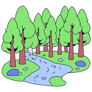 A dense forest with tall, emerald green trees standing closely together. The leaves on the trees are vibrant and lush, creating a thick canopy overhead. Small sparkling streams flow gently through the forest, reflecting the sunlight and creating a sense of movement. The ground is covered with soft moss and occasional small rocks, adding texture to the scene.