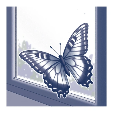 A butterfly with intricately patterned wings is resting on a windowpane. The butterfly's wings are partially open, showcasing its delicate features. Raindrops are visible on the glass, creating an atmospheric scene. The landscape outside the window is blurred by the rain, with hints of greenery faintly visible. The interior space behind the window is dimly lit, emphasizing the butterfly as the focal point of the image.