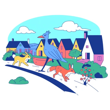 A big bird leading a parade of animals through a colorful village