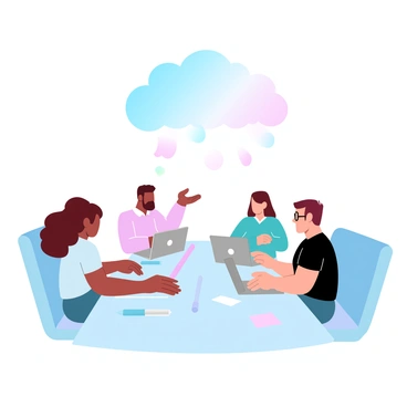 A diverse team collaborating on laptops under a cloud icon symbolizing SaaS