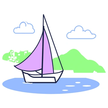 A sailboat is gently floating on calm waters. The sail is fully extended, catching a soft breeze, while the boat's hull is partially submerged. In the background, the shoreline of the Côte d'Azur is visible, with green hills and a few small structures outlined on the horizon. The water reflects light, creating a shimmering effect that enhances the scene. A few fluffy clouds are scattered in the sky, adding depth to the atmosphere.