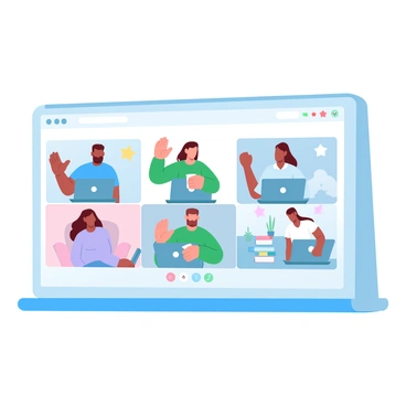 A group of five friends is participating in a virtual meeting displayed on a computer screen. Each friend is in their own setting, positioned in front of their laptops. One friend is wearing a blue t-shirt and waving, while another is wearing a green sweater and also waving. A third participant is seated in a cozy armchair, holding a coffee cup and smiling. A fourth friend is leaning forward from a desk, with books and a plant in the background. The fifth participant is in a brightly lit room, surrounded by colorful decorations. A digital interface frames the video call, with various icons and buttons visible.