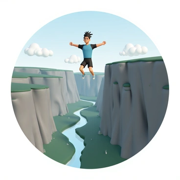 A daring athlete, wearing a blue and black sports outfit, is in mid-air as they bungee jump off a rocky cliff into a deep canyon. The athlete has a focused expression, their hair flying upwards due to the rush of wind. Below them, the canyon floor is visible, with a river winding through the lush greenery. The cliff is rugged and steep, with some patches of grass and small rocks scattered on its surface. The sky above is clear with a few fluffy white clouds.