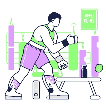 A boxer is performing dumbbell rows as part of their training routine in a gym. The boxer is wearing boxing shorts and a fitted tank top, showcasing their athletic build. They are bent slightly forward with one knee resting on a bench for support. In their right hand, they are gripping a dumbbell, raised towards their chest in a controlled motion. The gym has various training equipment in the background, including a boxing ring and punching bags. A water bottle is placed on the floor nearby, and a motivational poster is visible on the wall.