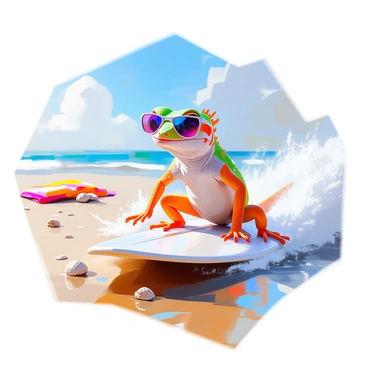 A daring crested gecko with vibrant green and orange markings is surfing on a small wave at a beach. The gecko is wearing tiny sunglasses that reflect the sunlight, adding a fun flair to its adventurous stance. The wave is curling gently, creating a splash of clear water around its surfboard. The sandy beach is visible in the background, dotted with small seashells and a few beach towels. A bright blue sky is overhead, enhancing the cheerful atmosphere of the scene.