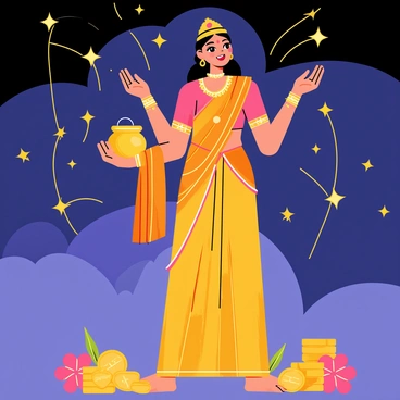 A depiction of "Goddess Lakshmi" with a radiant smile, adorned in a vibrant orange and gold sari with intricate patterns. She is standing gracefully among a cascade of "shooting stars" that streak across a night sky filled with deep blues and purples. Each shooting star is glowing brightly, symbolizing "wishes granted." Lakshmi is holding a "pot of gold" in one hand, and her other hand is raised in blessing. Flowers and coins are scattered around her feet, enhancing the scene's richness.