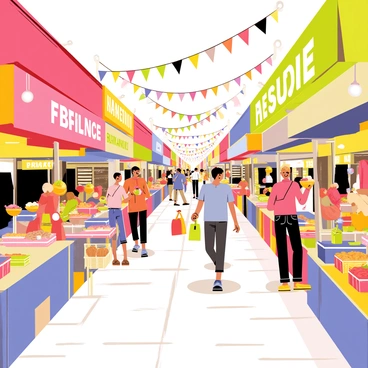 A bustling street market filled with vibrant colors and bright lights. Stalls are lined with a variety of local foods, including skewers of grilled meats, bowls of fresh fruit, and baskets of baked goods. People are walking through the market, some carrying bags filled with purchases, while others are sampling food from the vendors. Colorful banners and decorations hang above the stalls, adding to the lively atmosphere. The ground is paved with cobblestones, and there are small tables where people are enjoying their meals.