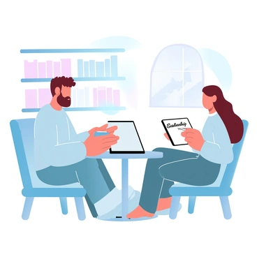 A mentor with short curly hair is seated at a small round table in a cozy coffee shop, holding a cup of coffee. The mentor is wearing a comfortable sweater and has an open laptop in front of them. A student with long hair is sitting across from the mentor, leaning slightly forward with an attentive posture, holding a notepad and pen. The coffee shop is adorned with warm wooden furniture and soft, ambient lighting. A bookshelf filled with books is visible in the background, and a large window shows a glimpse of a city street outside. "Scholarship opportunities" is written on the notepad in the student's hand.