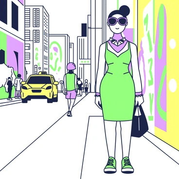 A woman is wearing a trendy street style dress while standing on a bustling city sidewalk. The dress has a fitted silhouette and unique patterns. She is accessorized with bold items, including a large, geometric necklace and oversized sunglasses resting on her head. Her shoes are stylish sneakers that add to her urban look. Surrounding her, there are tall buildings, street art on a nearby wall, and people in the background casually walking by. A bright yellow taxi cab is parked nearby, contributing to the lively urban atmosphere.