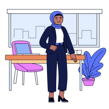 A woman wearing a hijab in a professional outfit, standing confidently. She has a tailored black blazer over a white blouse and pencil skirt. Her hijab is a solid navy blue, neatly wrapped. The office setting includes a wooden desk with a laptop and a few documents. There is a large window with cityscape views in the background and minimalist furniture surrounding her.