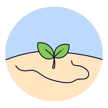 A single green seedling growing in a sandy desert landscape. The seedling has two delicate leaves, reaching upward towards the sun. The surrounding sand is light beige in color, with gentle undulations. Above, the sky is a clear, stark blue without any clouds. The composition emphasizes the contrast between the vibrant greenery of the seedling and the neutral tones of the desert.