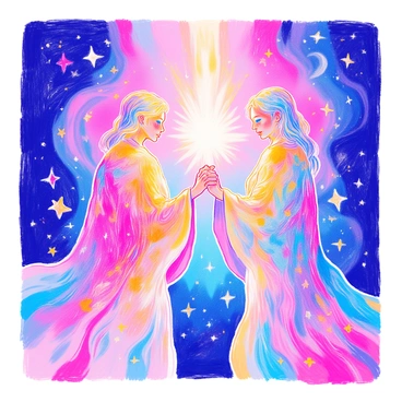 Two spirits are depicted joining hands, with a vibrant flow of energy connecting them. The energy between their hands illuminates the space, creating a radiant effect. Both spirits are translucent, showcasing intricate patterns within their forms. Surrounding them is a soft glow of ethereal light, enhancing the mystical atmosphere. The background features swirling colors and gentle waves of light, further emphasizing the connection between the spirits.
