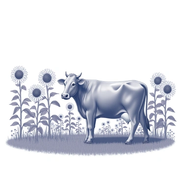 A cow standing in a field filled with sunflowers. The flowers are tall and numerous, their large round heads facing the sun. The cow is positioned in the center of the field, with a sturdy body and a gentle expression. The sky above is clear and expansive, devoid of clouds, creating a bright atmosphere that enhances the scene. The sunflowers are in full bloom, displaying their distinct shape and texture, while the cow's coat is smooth and well-groomed.