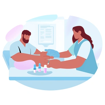 A nurse is carefully drawing blood from a patient's arm in a clean clinic. The nurse is wearing a light blue scrubs top and has a calm demeanor while focusing on the task. The patient is seated comfortably, with their arm extended on a cushioned surface. Various medical equipment, such as vials and a syringe, are neatly arranged on a small tray nearby. The clinic is well-lit with soft pastel colors on the walls and sterile white furnishings, creating a soothing atmosphere. A poster with health information is visible on one wall.