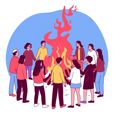 A group of people stands in a circle, each person wearing distinct clothing, showcasing a variety of colors. The flames are a vibrant red, licking upwards and swirling around the circle, creating a dynamic atmosphere. The flames appear to dance and flicker, illuminating the faces of the people, who are engaged in conversation or looking towards the fire. Some flames reach higher than others, forming intricate patterns and casting warm shadows. The ground is slightly uneven, adding texture to the scene, and the sky above is a deep blue, providing contrast to the fiery display.