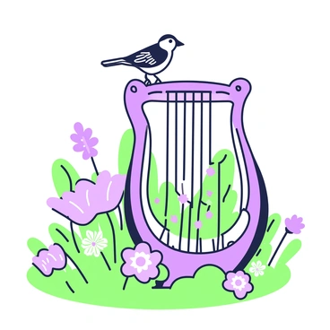A small bird, with delicate feathers, is perched carefully on a harp string. The harp is beautifully crafted, displaying intricate details in its design. Surrounding the harp, there is a sunny garden filled with vibrant flowers and lush greenery. Among the flowers, there are various shapes and sizes, creating a lively scene. The sunlight casts soft shadows, adding depth to the garden. The bird is positioned near the top of the harp, its eyes alert as it surveys the surroundings.