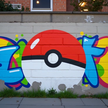 A large Pokéball painted on a weathered brick wall in an urban setting. The ball is red and white with a black stripe and button in the center, distinctly vibrant against the muted background. Surrounding the Pokéball, there is colorful graffiti art that includes various abstract shapes and bold lettering, showcasing a mix of blues, yellows, and greens. The wall is slightly distressed, with patches of peeling paint and scattered bits of moss, adding texture to the scene. A faint reflection of streetlights can be seen on the wall, hinting at the evening light.