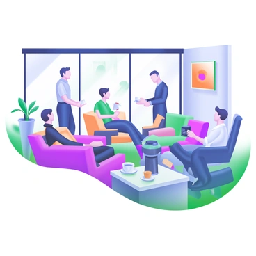 A modern business lounge filled with various seating arrangements, including sleek sofas and high-backed chairs. Groups of people are engaged in networking conversations, some standing and exchanging business cards, while others are seated, discussing animatedly. A large window allows natural light to flood the room, illuminating the stylish decor, which includes potted plants and abstract artwork on the walls. In one corner, a coffee station is set up, with cups and a coffee machine ready for use.