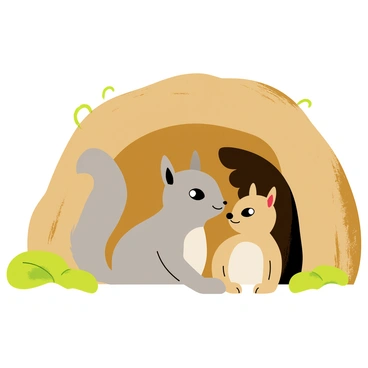 A family of squirrels huddled together in a cozy burrow made of brown, textured earth. The burrow is lined with soft, green moss and small twigs. There are three squirrels; one is a gray squirrel with a fluffy tail, another is a small light brown squirrel with bright eyes, and the third is a darker brown squirrel looking protectively at the others. Above them, small roots can be seen peeking through the walls of the burrow, while faint light filters in from a small opening at the entrance. The atmosphere is warm and inviting, reflecting their close bond and comfort.