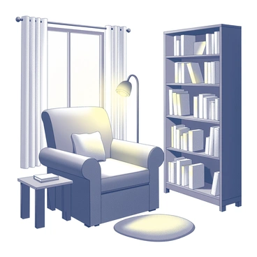 A bedroom featuring a cozy reading nook. In one corner, an oversized armchair with plush cushions is positioned next to a small side table. A tall bookshelf, filled with an array of books, stands nearby, showcasing a variety of genres. Warm light from a nearby lamp casts gentle shadows across the space, creating an inviting atmosphere. A soft rug lies beneath the armchair, adding an extra layer of comfort to the nook.