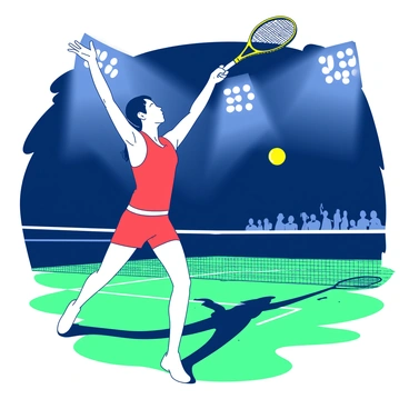 A white tennis player wearing a bright red athletic outfit is in the middle of a competitive match. The player is captured in a dynamic pose, mid-swing, with a yellow tennis racket lifted high above their head. The tennis ball is soaring through the air towards the player. The scene is illuminated by powerful stadium lights, casting sharp shadows on the green tennis court. Spectators can be seen in the background, their silhouettes visible against the glow of the lights. The tension of the match is palpable as the player focuses intently on the ball.