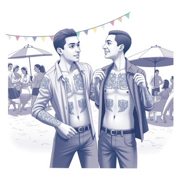 Two individuals stand on a sandy beach, surrounded by other partygoers enjoying the vibrant atmosphere. Each stranger has their shirt lifted, showcasing identical tattoos on their torsos. The tattoos feature intricate designs that are clearly visible in the sunlight. In the background, there are beach umbrellas and colorful decorations set up for the party. The expressions on the faces of the two strangers convey surprise and curiosity as they notice the matching tattoos. The scene captures the lively energy of a beach gathering with people laughing and dancing nearby.
