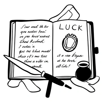 An open journal displayed on a wooden desk. The pages of the journal are filled with handwritten notes about "luck" in an elegant script. On one of the pages, there is a detailed drawing of a rabbit's foot, featuring intricate lines and shading. Surrounding the journal are scattered pieces of parchment and a quill pen resting beside an inkpot.