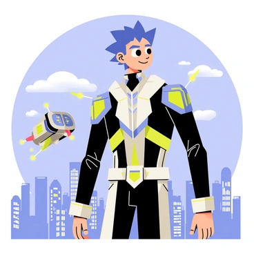 An anime hero with spiky blue hair wearing a sleek, futuristic outfit stands confidently. Beside the hero, a small robotic sidekick with shiny metallic surfaces and bright blinking lights hovers in the air. The robot has large expressive eyes and tiny propellers, giving it a lively appearance. The background features a dynamic cityscape with tall buildings under a clear blue sky, emphasizing the adventurous atmosphere.