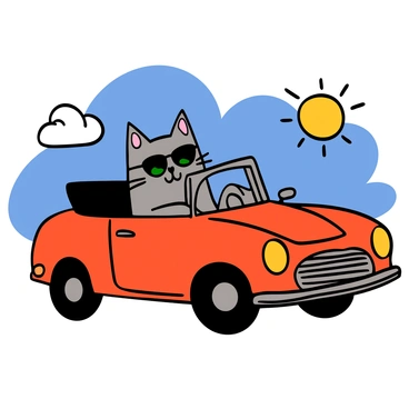A cat with light gray fur and bright green eyes is sitting in the passenger seat of a red convertible car. The cat is wearing stylish black sunglasses, and its ears are perked up, indicating curiosity. The car's interior is sporty, with a black leather seat and shiny chrome details. The sun is shining, casting a warm glow on the cat and the car, creating a cheerful atmosphere. The background features a blue sky with a few fluffy clouds, enhancing the feeling of a fun day out.