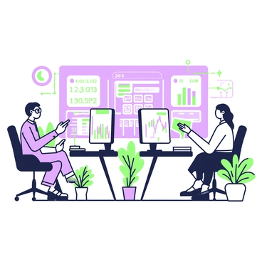 An investment firm office filled with brokers engaged in analyzing stock market trends. Several brokers are seated at desks, intensely focused on multiple monitors displaying colorful stock charts and graphs. One broker, a middle-aged man with glasses, is taking notes while observing a rising line graph on his screen. Another broker, a young woman with long hair, is discussing trends with a colleague, pointing at her monitor that shows various stock indices. In the background, a large digital display shows real-time market updates and ticker symbols. The room is equipped with modern office furniture and there are potted plants in the corners, adding to the professional atmosphere.