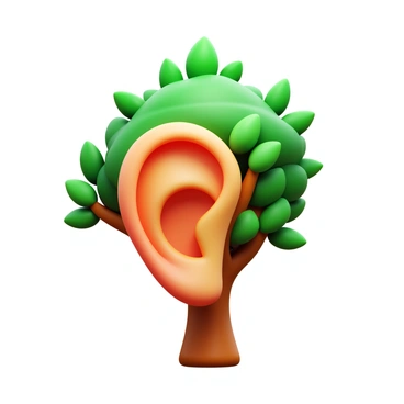A whimsical illustration of a human ear transformed into a tree, with branches and leaves.