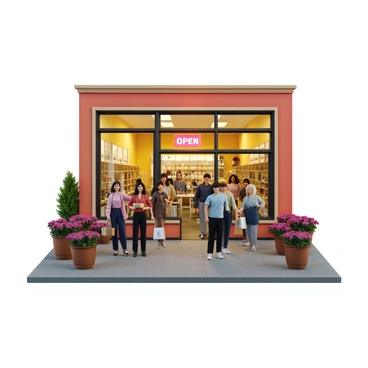 A small business storefront with large glass windows showing the interior filled with colorful displays. The building has a vibrant exterior painted in bright colors, attracting attention. An "Open" sign is prominently displayed in the window, illuminated with warm light. In front of the store, a diverse group of happy customers smiles as they engage with each other and the store staff. Some customers are holding shopping bags filled with goods. Flower planters line the entrance, adding an inviting touch to the scene. The atmosphere is bustling, showcasing a thriving local economy.