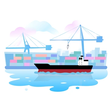 An oil barge is positioned in the water at an industrial port. Surrounding the barge are several large cranes, each towering over the harbor, ready to lift heavy containers. The port area is filled with numerous stacks of containers in various sizes and colors, arranged neatly on the docks. The sky above is a gradient of pastel colors, reflecting the light of the setting sun. Gentle ripples are visible on the water's surface, contributing to the tranquil atmosphere of the scene.