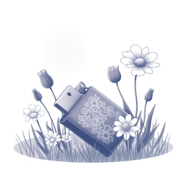 A decorative lighter placed prominently on the ground. It features intricate designs and patterns etched onto its surface. Surrounding the lighter are various wildflowers, including daisies and poppies, with distinct shapes and sizes. The scene captures the lighter gently nestled among the flowers, under a bright sun illuminating the field. The background consists of green grass, enhancing the vibrant presence of the flowers.