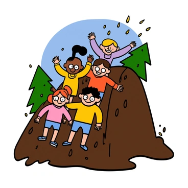 A group of children with different skin tones sliding down a steep, muddy hill, their faces filled with joy and laughter. Some of the kids have big eyes and are wearing colorful rain jackets, while others are in bright t-shirts and shorts. The mud splashes around them as they slide, creating a fun and messy scene. In the background, there are green trees and a clear blue sky, enhancing the playful atmosphere of the moment.