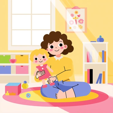 Matilda is a young girl with curly brown hair, sitting on a colorful rug in a sunlit room. She is holding her favorite doll, which has a pink dress and blonde hair, and is smiling with a sense of joy on her face. Sunlight filters through a window, casting warm rays into the room. Toys and books are scattered around her, and a cheerful poster hangs on the wall behind her.